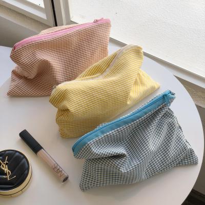 Korean Plaid Makeup Bag Women Cute Cosmetic Pouch Cotton Fabric Travel Toiletry Bag Necesserie Storage Pouch Simple Beauty Case