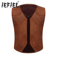 Kids Boys Western Cowboy Costume Halloween Cosplay Vest Pointed Hem Fringe Decor Open Front Vest for Carnival Party Dress Up