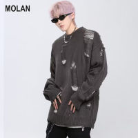 MOLAN เสื้อถักสเวตเตอร์คอกลมทรงหลวมสำหรับผู้ชายดีไซน์สองด้าน