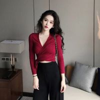 Sexy Slim V-neck T Shirt Womens Cross Knotted Casual Solid Long Sleeve Tee Shirts Wine Red Bottoming Tee