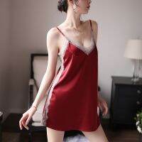 [In Stock] Women y Strap Lace Nightdress Silky Pajamas Split Sleepdress Lingerie y Sleepwear 1359