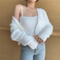 Sweaters White Sexy Camisole Tops Solid Slim Sweet Mohair V Neck Long Sleeve Pink Cardigan Crop Oversized Pull Femme Fashion