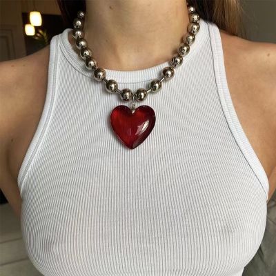Hip Hop Minimalist Colorful Glass Love Heart Pendant Necklaces for Women Aesthetic Beads Chains Short Choker Girls Party Jewelry