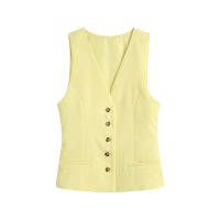 Tangada Woman Yellow Short Vest Coat Office Ladies Waistcoat Sleeveless Blazer Outwear Elegant Top CE164