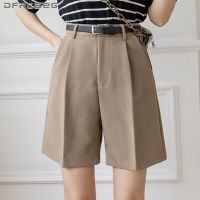 Loose Khaki Wide Leg Summer Shorts 2021 Casual High Waist Casial Suit Fabric Knee Length Trousers Female Capris Bermuda