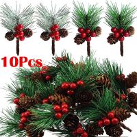 【LZ】۞  10pcs Artificial Christmas Pine Cone with Holly Branches for Christmas DIY Wreath Decors Faux Red Berry Stem Simulation Pinecone