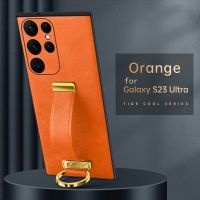 Luxury Leather Cover for Samsung Galaxy S23 Ultra S22 Plus Case with Portable Wristband Hand Strap Kickstand Metal Ring