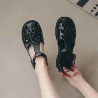 SWEETC RAYA 2022 Kasut Perempuan Flat Sandals Womens Baotou Hollow Buckle Belt Comfortable Thick Heel Sandals