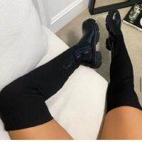 Ladies Fashion Elegant High Boot Winter Thick Bottom Zipper PU Sock Shoes New Women Autumn Knit Solid Color Over The Knee Boots