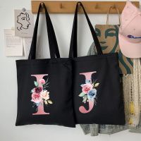 【Lanse store】Student Shopping Bag Casual Large capacity Shoulder Reusable Simple Pink Letter Print Canvas All match Black Tote