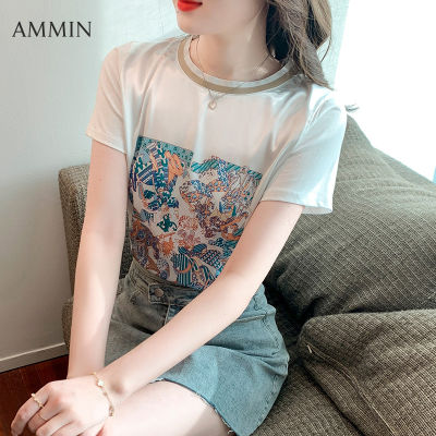 AMMIN เสื้อยืดคอกลมแขนสั้นของผู้หญิง,เสื้อเบลาส์พิมพ์ลายกราฟฟิตีลำลองเรียบง่ายสไตล์เกาหลีหวานๆแขนสั้นสีพื้นคอกลมใหม่ฤดูร้อนปี2022