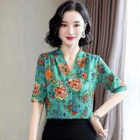 [COD] top womens Hangzhou mulberry silk temperament printed goods short-sleeved half-sleeved foreign style flower