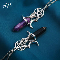 ={ 1PC อัญมณีธรรมชาติ Rose Quartz คริสตัล Double Point Bullet จี้ Healing Stone Amethyst Wand สัญลักษณ์โลหะสร้อยคอคริสตัล