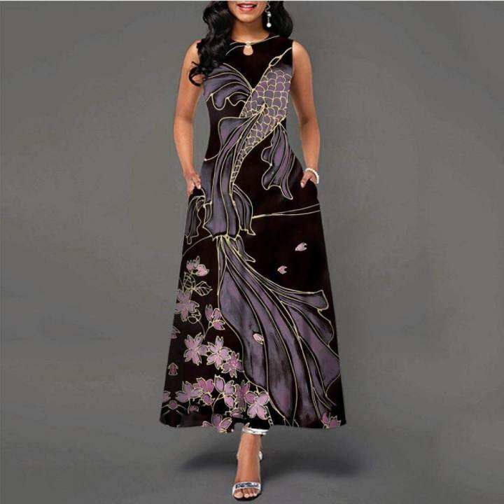 ฤดูร้อนลำลองแขนกุดพิมพ์-fish-beach-รูปแบบ-maxi-dress-a-line-boho-pocket-vintage-หลวม-plus-size-dresses