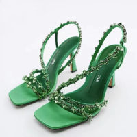 2023 Summer New Line Womens Shoes Blue Green Beaded High Heel Sandals with Ornaments