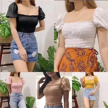 Off shoulder garterized crop top new arrivals