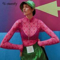 U-sweety เสื้อยืดคอเต่า แขนยาว ผ้าตาข่าย เซ็กซี่ สําหรับผู้หญิง