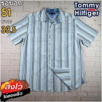 Tommy Hilfiger®แท้ อก 51 เสื้อเชิ้ตผู้ชาย ทอมมี่ ฮิลฟิกเกอร์ สีฟ้า แขนสั้น เนื้อผ้าดี