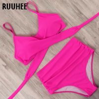 【TAKU Swimsuit】 RUUHEE ชุดว่ายน้ำผู้หญิงไขว้ชุดว่ายน้ำเซ็กซี่บีชสวมชุดบิกินี่ที่เป็นของแข็งพิมพ์เอวสูง Push Up 2021ชุดว่ายน้ำผู้หญิง