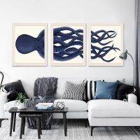 Giant Octopus Wall Art Print Cartoon Animal Decor Picture Blue Octopus Poster Nautical Decor Wall For Living Room Modern Decor