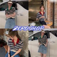 Zero shop?พร้อมส่ง? (Zero-50052)  เสื้อไหมพรมแขนสั้น ลายทาง คอปก ผ้าบางใส่สบาย น่ารักสไตล์เกาหลี