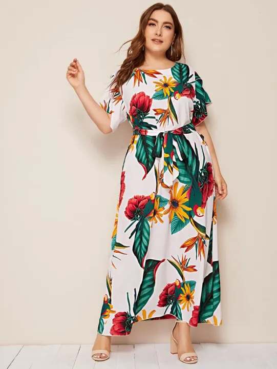 S469 Urban Outfits Ruffled Sleeve Self Belt Plus Size Tropical Floral Dress  | Lazada PH