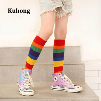 Kuhong 35/42 ซม.สาวน่ารักสายรุ้งสีสันลายหลอดขายาวถุงเท้าผ้าฝ้าย