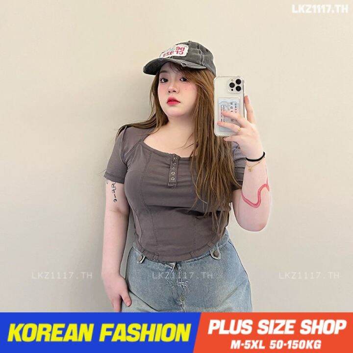 plus-size-เสื้อผ้าสาวอวบ-เสื้อยืดสาวอวบอ้วน-ไซส์ใหญ่-ผู้หญิง-แขนสั้น-เสื้อยืดครอป-ทรงสลิมฟิต-แขนสั้น-คอเหลี่ยม-ฤดูร้อน-สไตล์เกาหลีแฟชั่น