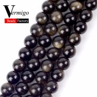 Natural Round Beads Gold Color Obsidian Stone Beads For Beadwork Jewelry Making Diy Bracelet Necklace 4 6 8 10 12mm 15 quot;Strand