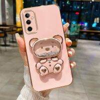 เคส A04s กาแล็คซี่ Samsung กระจกแต่งหน้ารูปหมีทรายเหลวน่ารักกล่องโลหะชุบหรูหราขาตั้งหมุนได้โทรศัพท์ซิลิโคนนิ่มกันกระแทกฝาครอบด้านหลัง