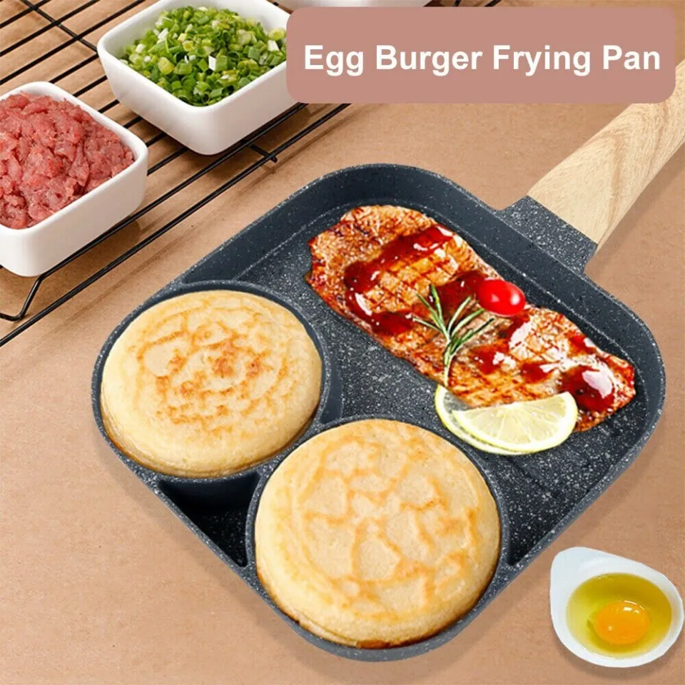 4-hole Non-stick Frying Pot Aluminum Omelet Pan For Burger Eggs Ham Pancake  Breakfast Maker Kitchen Cookware Wooden Handle Pan