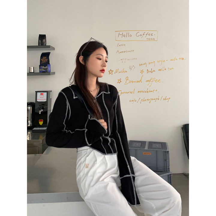 ฮาราจูกุ-y2k-เสื้อยืดผู้หญิงแขนยาวความงามบางด้านบนหญิงแฟชั่นเกาหลีวินเทจสีดำประเดิม-streetwear-2022ใหม่