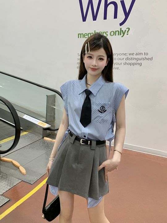 65385-เสื้อเชิ้ตลายทาง-สไตล์-preppy-ฟรีเนคไท-กระโปรงสั้น-ฟรีเข็มขัด-v728