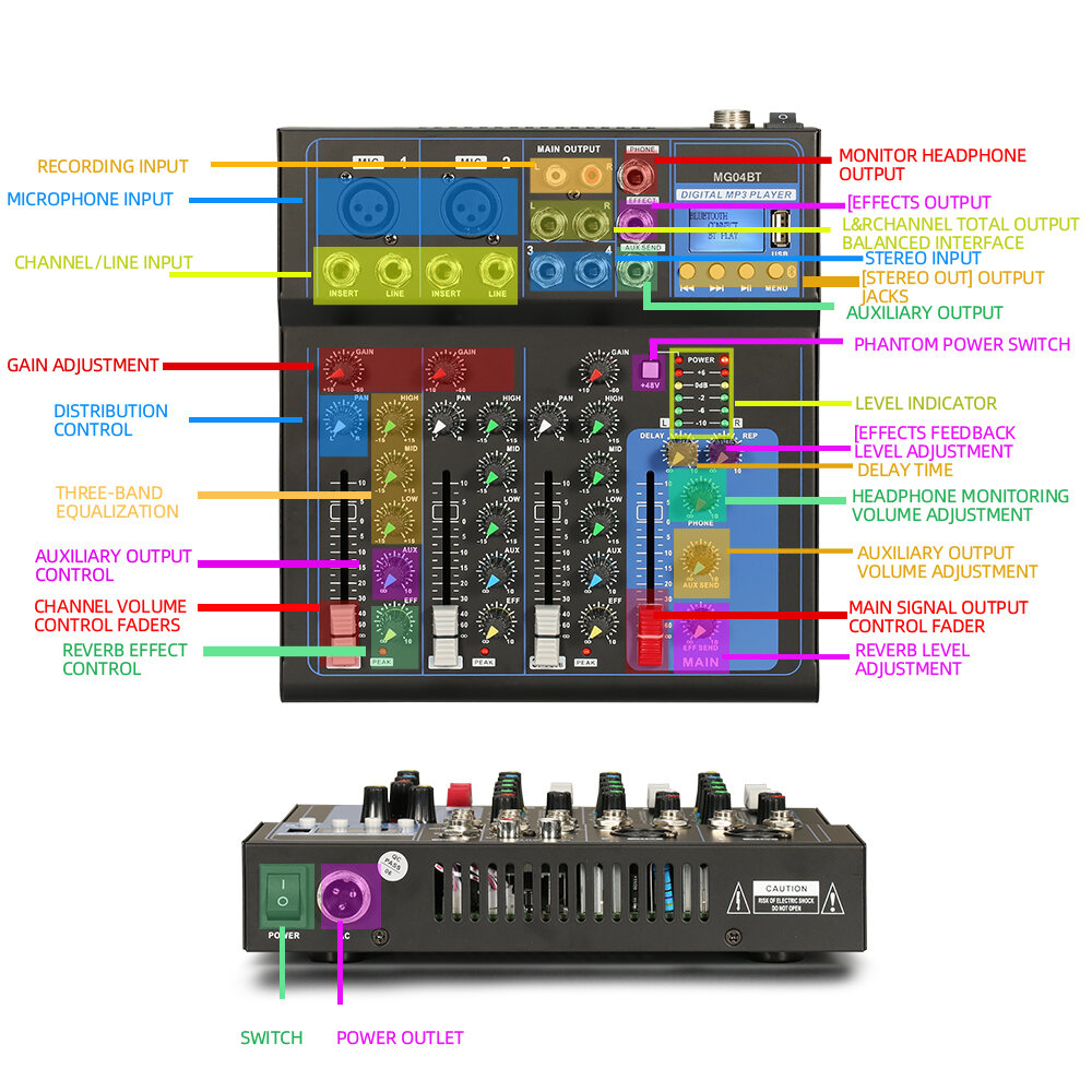 MG07BT/MG04BT 7/4-channel mixer, computer recording, KTV live broadcast, 4/7-channel small home conversion effect device, USB Bluetooth