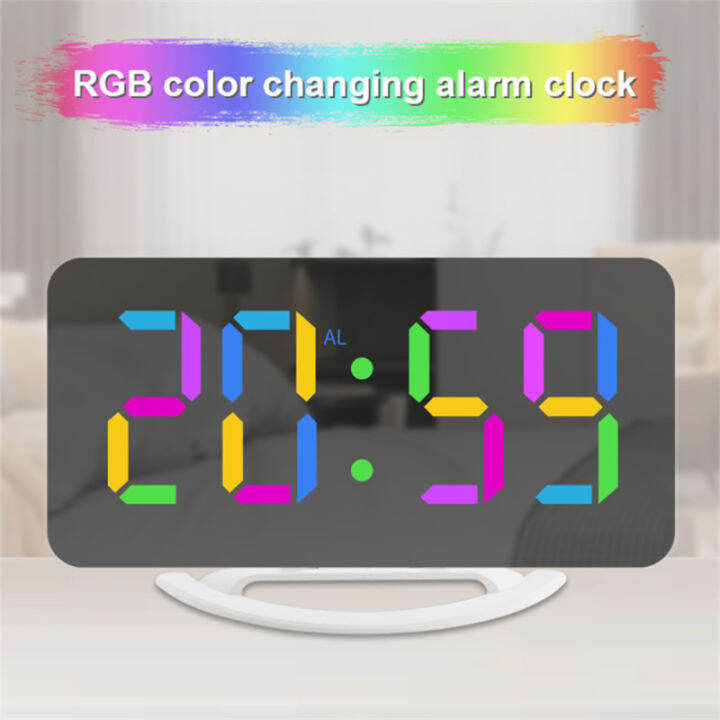 เตือนนาฬิกาดิจิตอล-rgb-11โหมดสี3ระดับความสว่าง2พอร์ต-usb-นาฬิกากระจก-led-สำหรับห้องนอนสำนักงานบ้านของตกแต่งโต๊ะ