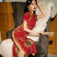 Yourqipao 2023 Summer Red Cheongsam Stand Collar Fashion Reteo Qipao Chinese Traditional Style Evening Dress Tang Suit for Women