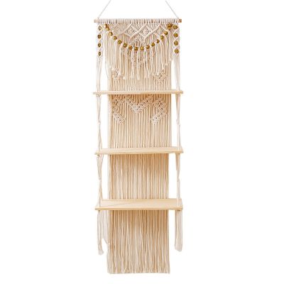 Macrame Wall Hanging 3-Tier Floating Wall Shelves for Bedroom, Bathroom, Nursery, Boho Wall Decor Shelves for Plant Pot