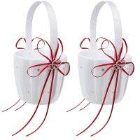 2X Double Heart Wedding Flower Girl Basket White Satin Rhinestone Decor Red Wedding Ceremony Party Favor