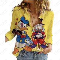 2023 Fashion New Hot Selling Disney Mickey Mouse 3D Oil Painting Printed Womens Long Sleeve Shirt Elegant Street Chiffon Shirt Drawing Painting Suppl