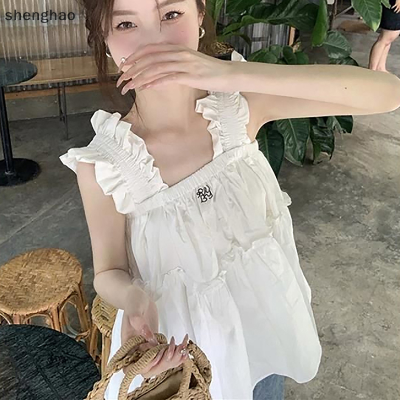 shenghao เสื้อกล้ามผู้หญิงแขนกุดทรงหลวมแต่งระบายหวานฤดูร้อน