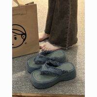 【July】 Internet celebrity denim flip-flops women summer outside hip-hop style thick-soled casual tassel beach sandals