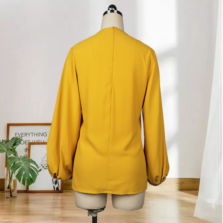 2-piece-set-women-skirt-and-top-yellow-blouses-long-lantern-sleeve-button-decoration-office-lady-work-wear-autumn-newest-female