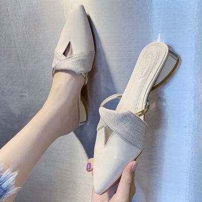☋♨❂ Hot Sale slippers womens outer wear 2021 summer new Korean version of the wild thick-heeled Baotou half-drag pointed toe mid-heel half-support high heels