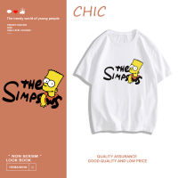 CHIC ผ้าฝ้ายแท้ ซิมป์สันเสื้อยืดแขนสั้นพิมพ์ลายการ์ตูน สไตล์สบาย ๆ T0584