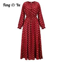 【YF】 Muslim Abaya High-End Dress Hot Stamping Print Arab Saudi Elegant Robe Ladies Elastic High Waist Red   Headscarf