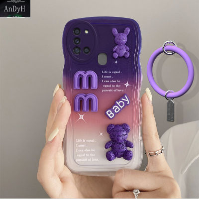 AnDyH New Design For Samsung Galaxy A21S Case 3D Cute Bear+Solid Color Bracelet Fashion Premium Gradient Soft Phone Case Silicone Shockproof Casing Protective Back Cover