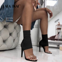 LALA IKAI 2020 New Stretch Fabric Women Sandals High Thin Heels Transparent PVC Open Toe Short Boots Ladies Shoes XWC6788-4