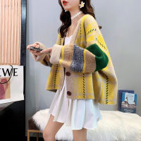2021[EWQ] Fashion Chic Color Contrast Knitted Cardigan Women Autumn 2021 New V-neck Loose Single Breasted Long Sleeve Sweater Coat