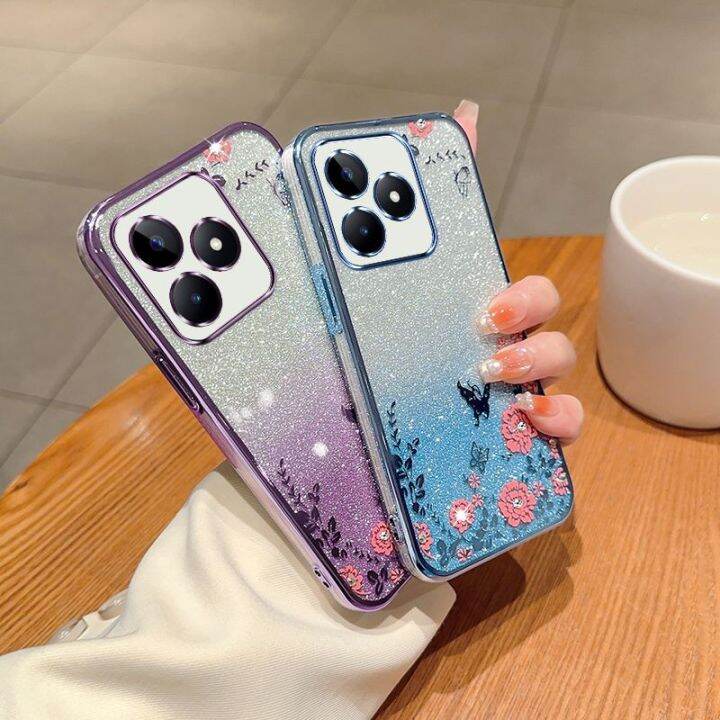 เคสกลิตเตอร์สำหรับ-realme-c53-c55-c33-c35-4g-nfc-realmec53-2022ซิลิโคน-tpu-ยืดหยุ่นฝาหลังอ่อนนุ่มเคสกันกระแทกมือถือแวววาวปกป้องดอกไม้ไล่ระดับสี