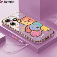 Jizetin สำหรับ Tecno Spark 10 Spark 10C เคสฟรีสายคล้องลายตุ๊กตาการ์ตูนหมีขอบสี่เหลี่ยมเคสโทรศัพท์ชุบหรูหราชุบเคสโทรศัพท์นิ่ม